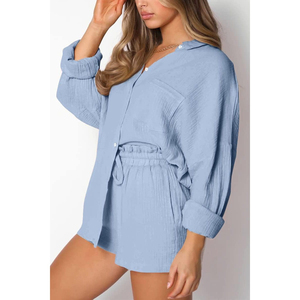Women <b>Linen</b> Cotton Button Down Shirt <b>Set</b> Solid Color Casual Turn Down Collar Breathable Woven Short Sleeve Top With Shorts - Product Image 6