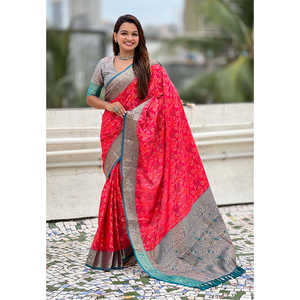 Sari Patola Bandhani en soie douce rose tissé Zari avec des tissages contrastés pour les mariages Elite Weaves 600g - Product Image 1