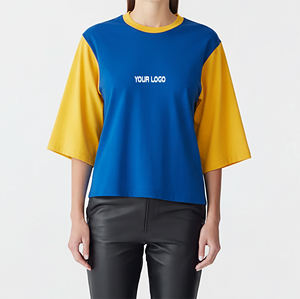 Nueva Llegada 2026 Camiseta de Mujer con Bloques de Color Azul y Amarillo, con Estampado de Logotipo, Corte Holgado, Informal, de Manga Corta - Product Image 4