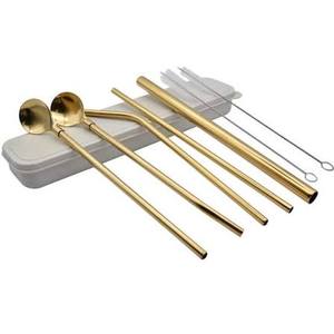 Ensemble de 5 pailles réutilisables en métal doré avec cuillère et nettoyeur, accessoires minimalistes pour bar à cocktails - Product Image 1