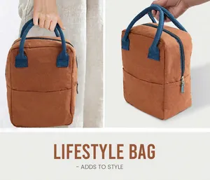 Sac à déjeuner en polyester marron avec fermeture éclair et poignées bleues, sac isotherme pour le transport des aliments, idéal pour le bureau, l'école et les voyages - Product Image 3