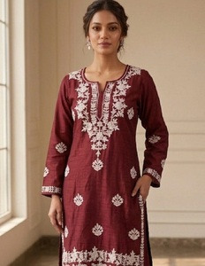 Ensemble Kurta et Palazzo en Rayonne Rouge Brodé, Tenue Indienne et Pakistanaise, Vêtement Ethnique Décontracté et de Bureau pour Femme, Coupe Confortable - Product Image 1