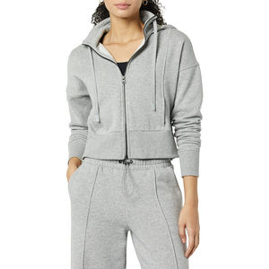 Sweat-shirt gris décontracté à capuche et fermeture éclair pour femme, manches longues, en mélange de coton tricoté respirant, coupe courte, couleur unie, automne - Product Image 1