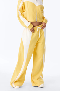Ensemble de survêtement décontracté pour femme, jaune et blanc imprimé, 100 % coton, coupe ample, crop top à capuche et pantalon de jogging large, style hiver - Product Image 5