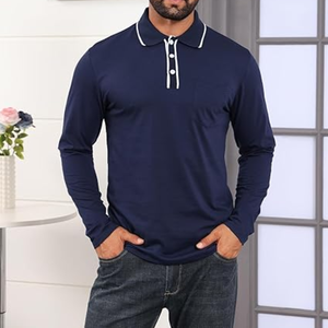 Polo à manches longues pour homme – T-shirt de golf décontracté à col boutonné avec poche, couleur unie - Product Image 6