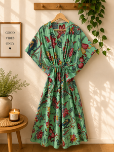 Vestido Kaftán de Algodón Tejido con Estampado Floral y Manga Murciélago con Cuello en V Maxi para Mujer al por Mayor |   Pareo de Playa Estilo Boho |   Ecológico - Product Image 4