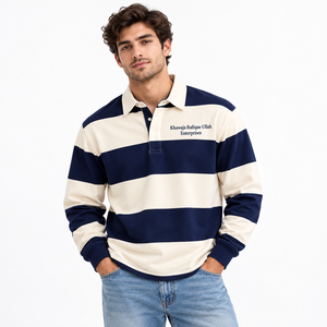 Camisa de rugby a rayas de manga larga para hombre con cuello y botones, jersey de rugby a rayas para hombre con cuello y botones - Product Image 4