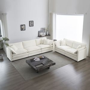 Set di Divani Moderni in Ciniglia Bianca 2+3 Posti, Seduta Profonda, Collezione Elegante in 2 Pezzi per Soggiorno - Product Image 1