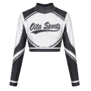 Maillot de cheerleading sublimé noir et blanc à manches longues – Tenue de sport d'équipe pour l'entraînement, la performance athlétique, la pratique et les compétitions - Product Image 1