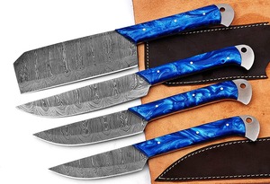 Custom Handmade Four-Piece Ambidextrous Chef <b>Set</b> Straight Edge Durable <b>Sharp</b> Damascus Steel Blades Resin Handle Leather - Product Image 3
