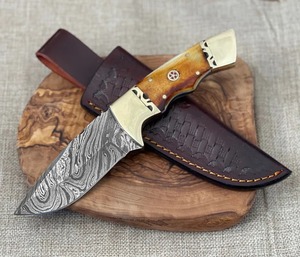 Custom Handmade OEM DIY Skinner Hunting <b>Knife</b> Damascus Steel <b>Bone</b> <b>Handle</b> Clip Point 3mm 8in Overall Leather CKS-187 - Product Image 1