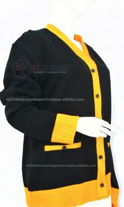 Women's Black Yellow V-Neck Full Sleeve Solid Embroidery Preppy Style Wool/Acrylic Knitted Cardigan <b>Sweater</b> Autumn Wear - Product Image 3