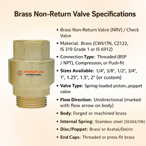 Hydroplus International Brass NRV 1/1.25 Inch Check Valve For Water And Gas Systems Threaded BSP NPT Connection - Product Image 2