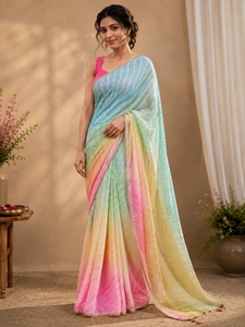 Sari en soie élégant bleu rose dégradé, imprimé numérique, broderie florale, style indien pakistanais, longueur ras du sol, pour femme, idéal pour les mariages d'hiver - Product Image 4