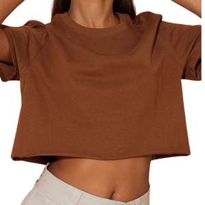 Custom <b>Women's</b> Solid <b>Brown</b> Crop <b>Top</b> Cotton Crew Neck Short Sleeve Cropped T-Shirt Blank Fashion Tee for Summer - Product Image 3
