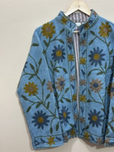 Maaunique Blue Hand Embroidered <b>Velvet</b> Floral One Size Unisex Casual Winter TNT Suzani <b>Quilted</b> Jacket Breathable Eco-Friendly - Product Image 5