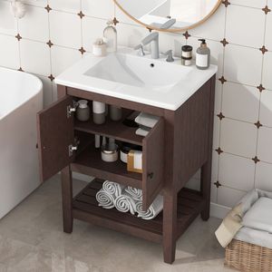 Mobile Bagno Moderno Elegante Marrone da 24 Pollici con Lavabo in Ceramica, Struttura in Legno Massello e Ripiano Aperto (Videoprodotto) (Vecchio SKU JL000004AA) - Product Image 2
