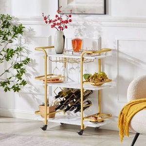 Carrello Bar a Tre Ripiani Dorato con Portabottiglie e Portabicchieri per Famiglie e Piccoli Raduni - Product Image 2