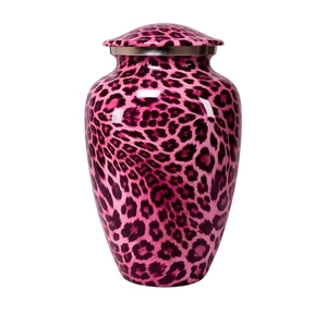 Urne funéraire en métal rose vif à imprimé léopard pour cendres humaines - Urne funéraire élégante à imprimé animal - Grande urne décorative pour enterrement - Product Image 1
