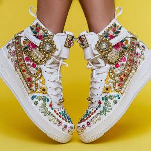 Baskets montantes en cuir blanc avec broderie florale, semelle en caoutchouc, pour femme, chaussures de marche athlétiques, mode outdoor, plateforme - Product Image 1