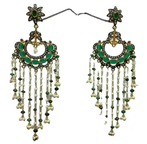 Kundan Chand bali Ohrringe-Perlen behänge und grüne passende Perlen, vergoldeter indischer Braut schmuck, pakistani scher Hochzeits schmuck