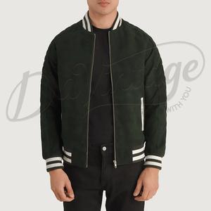 Chaqueta Varsity de Gamuza Verde Bosque Personalizada para Hombre, Chaqueta Bomber con Ribete Acanalado a Rayas, Chaqueta Deportiva de Cuero de Gamuza Premium de Corte Ajustado - Product Image 6