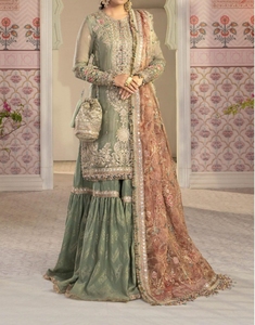 Ensemble Anarkali Sharara brodé vert sauge pour femme avec dupatta, tenue traditionnelle de mariage longue jusqu'au sol - Product Image 1