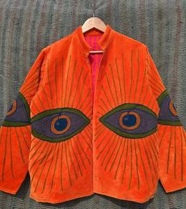 Veste en velours brodé jaune de luxe avec motif œil porte-bonheur, manches longues, col montant, veste d'hiver faite à la main pour femmes - Product Image 2