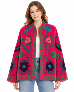 Women Velvet Embroidered <b>Jacket</b> Mandarin Collar Lantern Sleeve Floral Boho Style Autumn Coat Handmade Suzani <b>Pattern</b> - Product Image 1