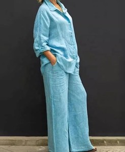 Women Linen <b>Blazer</b> <b>Set</b> Solid Color Loose Fit Two Piece Pantsuit Casual Office Wear - Product Image 1
