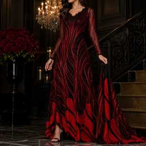 Black <b>Red</b> Embroidered Formal Evening Gown Suit for Women Designer Party Wear Floor-Length Dress <b>Sequins</b> Sheer Sleeves Indian - Product Image 1