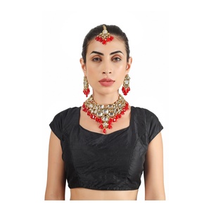 Ethnic Gold Plated Kundan Jewelry <b>Set</b> Necklace Earrings Maang Tikka Women Wedding Bridal Wear Red <b>Crystal</b> Rhinestone Alloy - Product Image 5