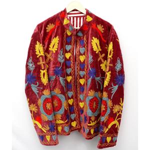 Chaqueta Bohemia de Terciopelo con Bordado Floral, Cuello Mandarín, Frente Abierto, Manga Tres Cuartos, Prenda Exterior de Invierno, 100% Algodón - Product Image 1