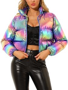 Ladies Denim <b>Bomber</b> <b>Jacket</b>-Warm Windbreaker Breathable High Quality Polyester Filled Cotton Lining Stand Collar Cropped Design - Product Image 4