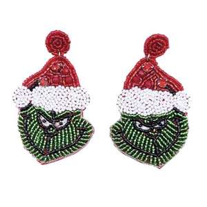 Sneaky Green Santa Beaded Dangle <b>Earrings</b> - Product Image 1