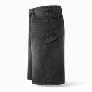 Pantalones cortos de mezclilla holgados para hombre, negros, con efecto desgastado, estilo urbano, producción OEM personalizada, corte holgado, hasta la rodilla, vaqueros vintage de verano con bordado. - Product Image 2