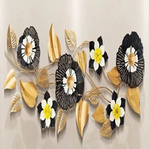 Fantastique sculpture murale moderne en métal, design floral, feuilles noires, blanches et jaunes, décoration de salon - Product Image 3