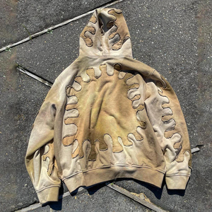 Streetwear <b>Sun</b> Faded Acid Wash Thick Zipper 100% Cotton Eco-Friendly Breathable Applique Embroidery Distressed Hoodies Men - Product Image 3