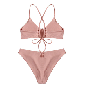 Wholesale Cross Hanging High Waist <b>Bikini</b> Push Anti-Bacterial Micro Bra Solid Front <b>Sexy</b> Women Bandage Two Piece Swimsuit - Product Image 2