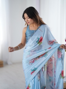 Elegante Saree Tradicional Azul Claro con Borde de Encaje de Espejo de Secado Rápido para Mujer, Saree Indio para Fiestas - Product Image 6