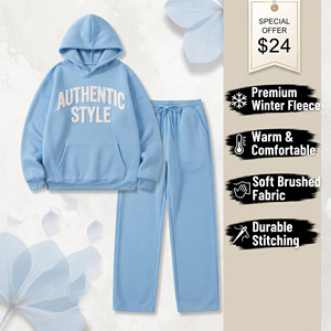 Ensemble de survêtement deux pièces pour femme en molleton 100% coton, comprenant un sweat à capuche à impression en relief et pantalon à taille mi-cordon de serrage, grammage lourd - Product Image 1
