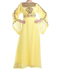 Yellow Embroidered Polyester <b>Abaya</b> Plus Size High Neck Floor Length Long Sleeves Modest Middle East Style <b>for</b> <b>Women</b> Evening - Product Image 1