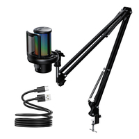 Mikrofon Kondensor Kardioid dengan Bracket Lengan Boom, Pencahayaan RGB, Ringan, USB Type-C, untuk PC Gaming, Live Streaming, dan Rekaman Suara