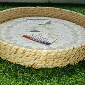 Premium Affordable <b>Mother</b> of Pearl Inlay Round Rattan Tray Set Handmade Design for Dining, Kitchen and Ramadan Presentation - Product Image 1