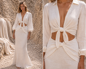 Conjunto Exclusivo de Lino/Algodón, Top Corto con Lazos Delanteros y Falda Maxi - Ropa de Verano Elegante Hecha a Mano para Mujer - Product Image 6