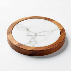 Posavasos con incrustaciones de mármol redondo, diseño clásico hecho a mano de madera y piedra para decoración de mesa de comedor con estilo, uso doméstico y presentación de regalo - Product Image 4