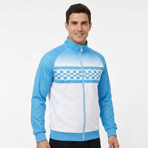 Veste longue unisexe bleue et blanche à blocs de couleur, col montant, fermeture éclair, style sportif, en polaire tricotée, écologique, pour l'hiver - Product Image 3