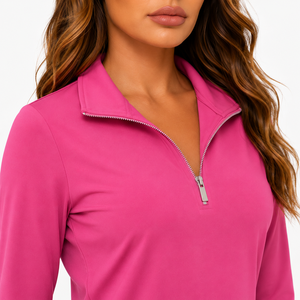 <b>Women's</b> Light Blue <b>Quarter</b>-<b>Zip</b> V-neck 3/4 Sleeve Golf Shirt Casual Solid Color Quick Dry Four-Way Stretch Sweat-Wicking - Product Image 3