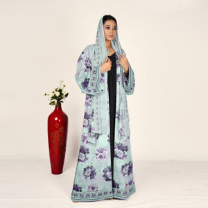 Abaya Larga de Gasa con Estampado Floral para Eid, con Pañuelo Coordinado, Frente Abierto, Manga Larga Fluida, Vestido Musulmán Modesto para Mujer - Product Image 4
