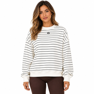 Women's Striped Crewneck Sweatshirt Cotton Fleece Drop Shoulder Rib Cuffs Casual Streetwear Hoodies Private Label OEM Factory - Product Image 1